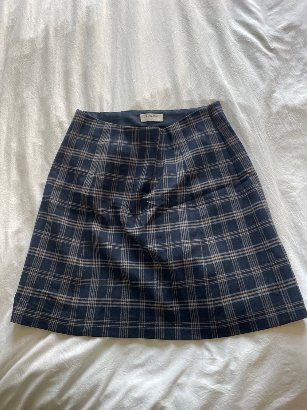 Babaton Navy and Beige Plaid A-Line Skirt